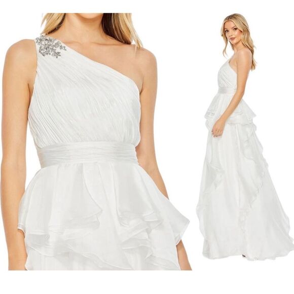 Mac Duggal 49541 Jewel Broach One Shoulder Cascade Layered Gown, White, Size 4 - Picture 13 of 13